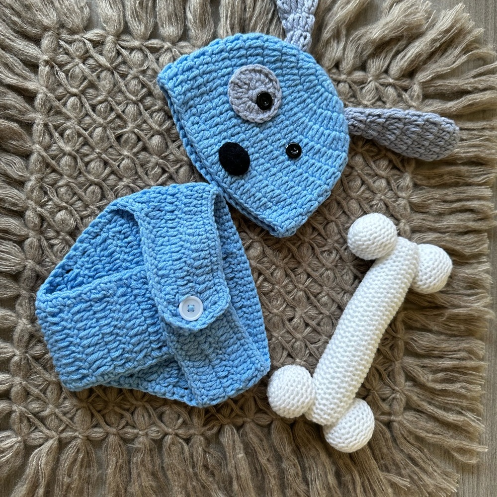 Handmade Blue Crochet Puppy Hat & Neck Warmer Set for Kids
